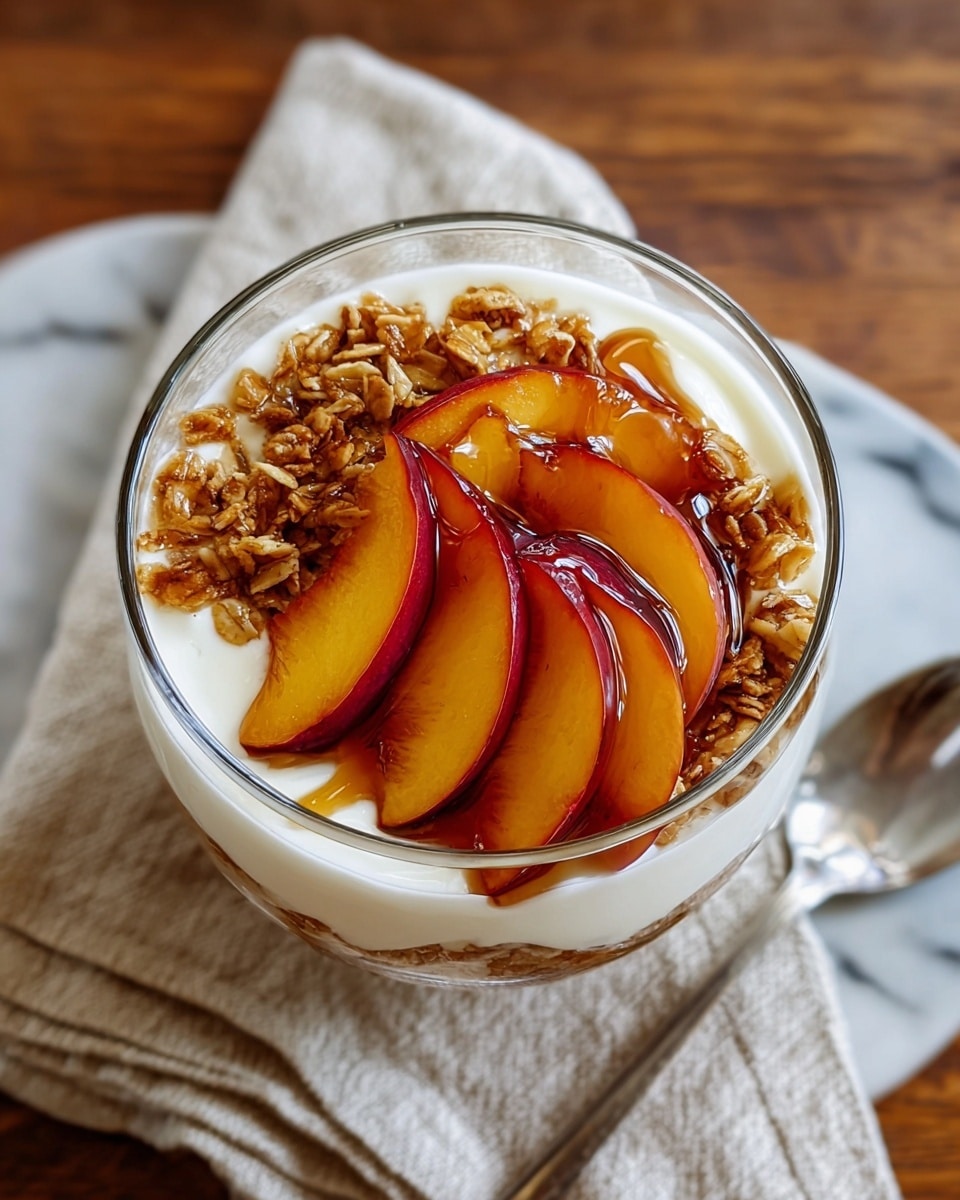 The dish is a clear glass bowl with three main layers: a bottom layer of creamy white yogurt, a middle layer of golden-brown granola spread over half of the yogurt, and a top layer of four bright orange peach slices with red edges placed neatly side by side on top of the yogurt and granola. The peach slices are shiny with a drizzle of dark amber syrup that slightly runs over the fruit and yogurt. The bowl rests on a wooden table with a beige cloth nearby, and a silver spoon is placed next to the bowl. The background and surface have been changed to a white marbled texture. Photo taken with an iphone --ar 4:5 --v 7