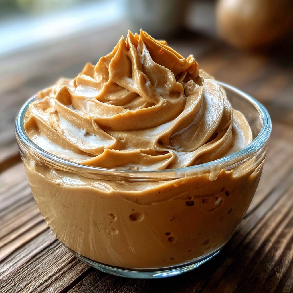 A clear glass bowl filled with two layers of creamy light brown peanut butter mousse; the bottom layer is smooth and dense with a few small air holes, and the top layer is thick, swirled whipped mousse with soft peaks standing high. The bowl sits on a wooden surface with blurred background elements. photo taken with an iphone --ar 4:5 --v 7