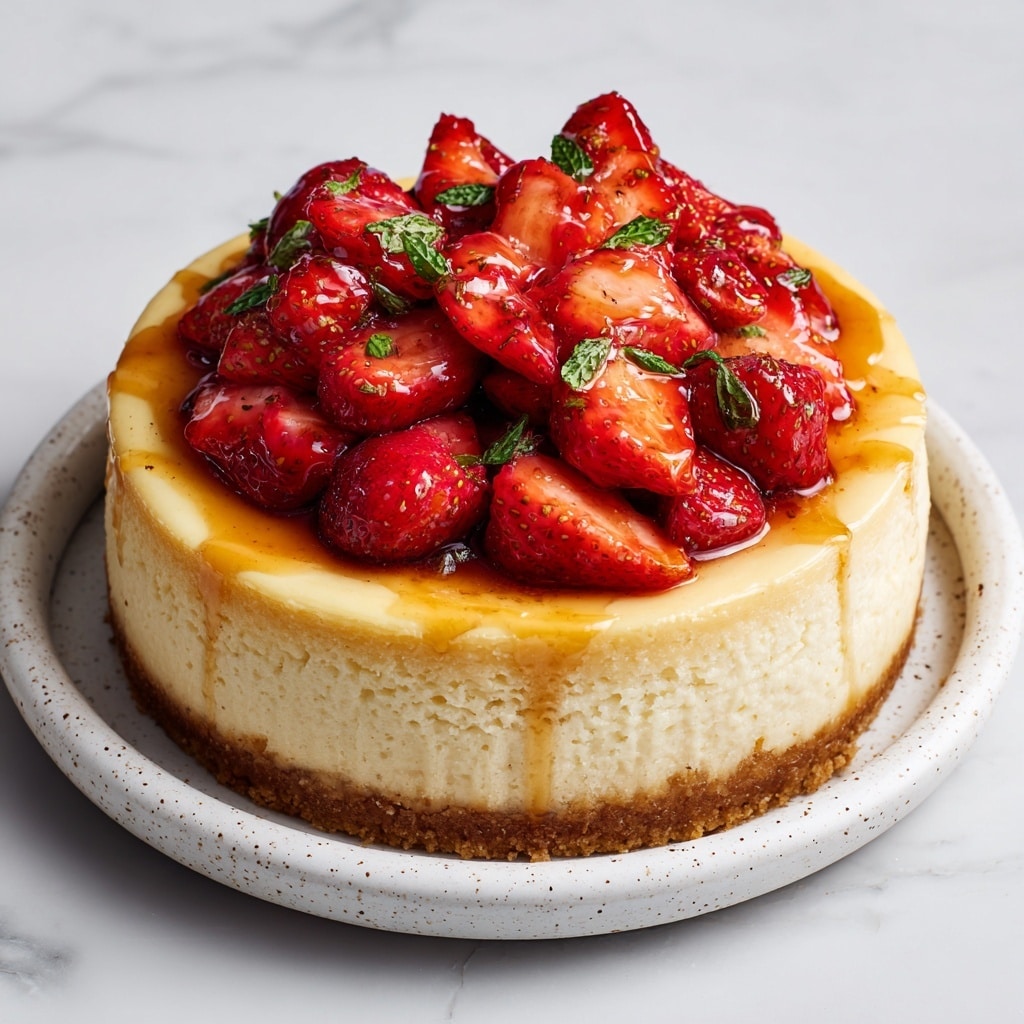A round cheesecake with a light golden-brown crust forms the base layer, topped with a smooth, creamy pale yellow cheesecake filling. On top, a cluster of bright red strawberries, some cut in halves showing their juicy inner texture and green leafy tops, are placed in the center. The strawberries are shiny, coated lightly with golden syrup that drips slightly onto the cheesecake. The cake sits on a white plate with light brown speckles, placed on a white marbled surface. Photo taken with an iphone --ar 4:5 --v 7