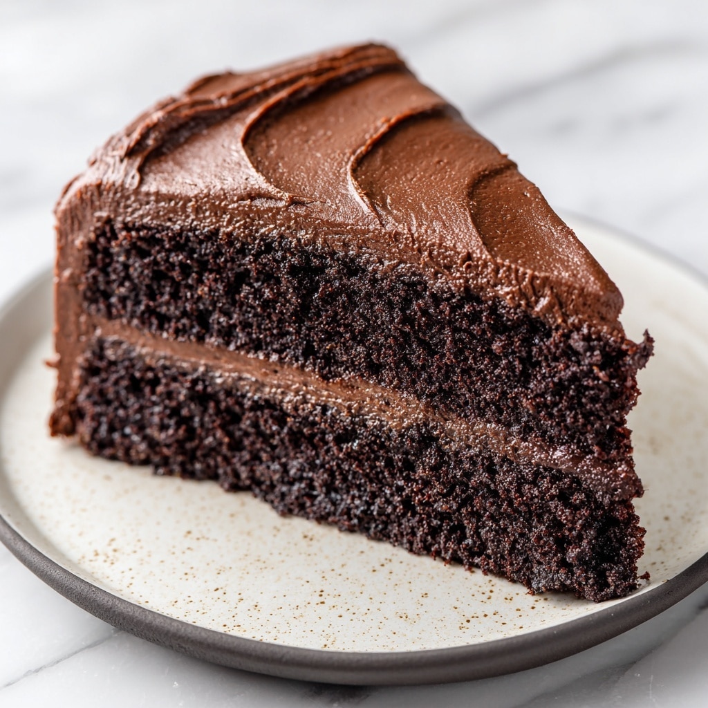 A single slice of chocolate cake sits on a white plate with a speckled pattern and a thin dark rim. The cake has two visible layers of dark chocolate sponge separated by a thick layer of smooth, rich chocolate frosting. The top layer has a thick spread of the same chocolate frosting, textured with gentle swirling patterns. The plate is set on a white marbled surface, giving a clean and bright background that contrasts with the deep brown colors of the cake. photo taken with an iphone --ar 4:5 --v 7