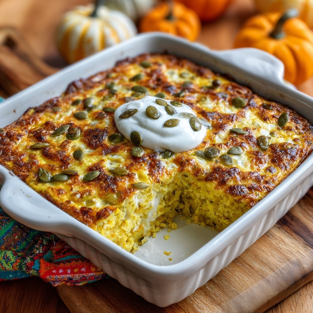 A square white ceramic baking dish contains a baked casserole with a golden-brown top layer that is crispy and textured with melted cheese spots. The surface is dotted with green pumpkin seeds scattered evenly around, and a dollop of white cream is placed in the center, topped with a few seeds. A corner of the casserole has been cut out, revealing a moist, dense yellow-orange interior with small air pockets. The dish is placed on a wooden cutting board with a colorful cloth napkin at its side, and blurred small pumpkins are visible in the background. Photo taken with an iphone --ar 4:5 --v 7