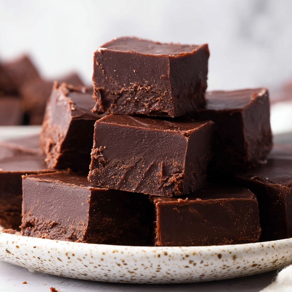 A stack of rich, dark chocolate fudge squares sits on a white speckled plate, arranged in a pyramid shape. Each square has two layers: a denser bottom layer with a slightly crumbly texture and a smoother, thick top layer that has a glossy finish. The fudge edges are clean and sharp, showing the firm but soft consistency. The background features a soft white marbled texture, making the dark brown of the fudge stand out strongly. The focus is on the top few squares, highlighting the contrast between the layers and the smooth, slightly cracked surfaces. photo taken with an iphone --ar 4:5 --v 7