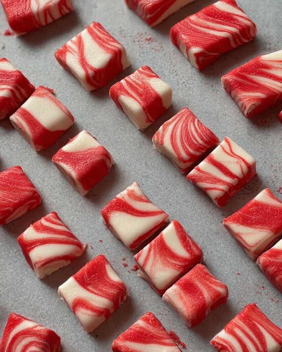 A clear glass bowl with a detailed cut pattern is filled with small, bite-sized candies that have a swirled red and white pattern. The candies are cube-shaped with smooth edges, showing a mix of solid red, solid white, and marbled red and white swirls on every piece. The bowl is sitting on a white marbled surface that has light grey veins, giving a clean and elegant look. The bright red and white colors of the candies contrast sharply with the clear bowl and white marble surface. photo taken with an iphone --ar 4:5 --v 7