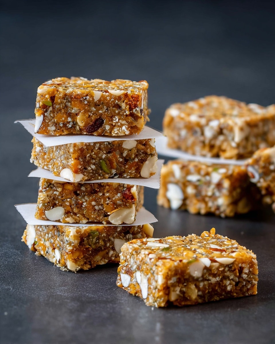 The image shows three stacks of square nut-based bars on a dark surface now changed to a white marbled texture. Each bar is thick, textured with mixed nuts and seeds visible throughout, giving a rough, grainy look. Two stacks have three bars each, separated by small white square pieces of paper to prevent sticking. One stack is on the left, one is on the right, and one single bar lies in the front center. The bars have a golden brown color with white nuts and seeds scattered inside, and their edges look slightly uneven. Photo taken with an iphone --ar 4:5 --v 7