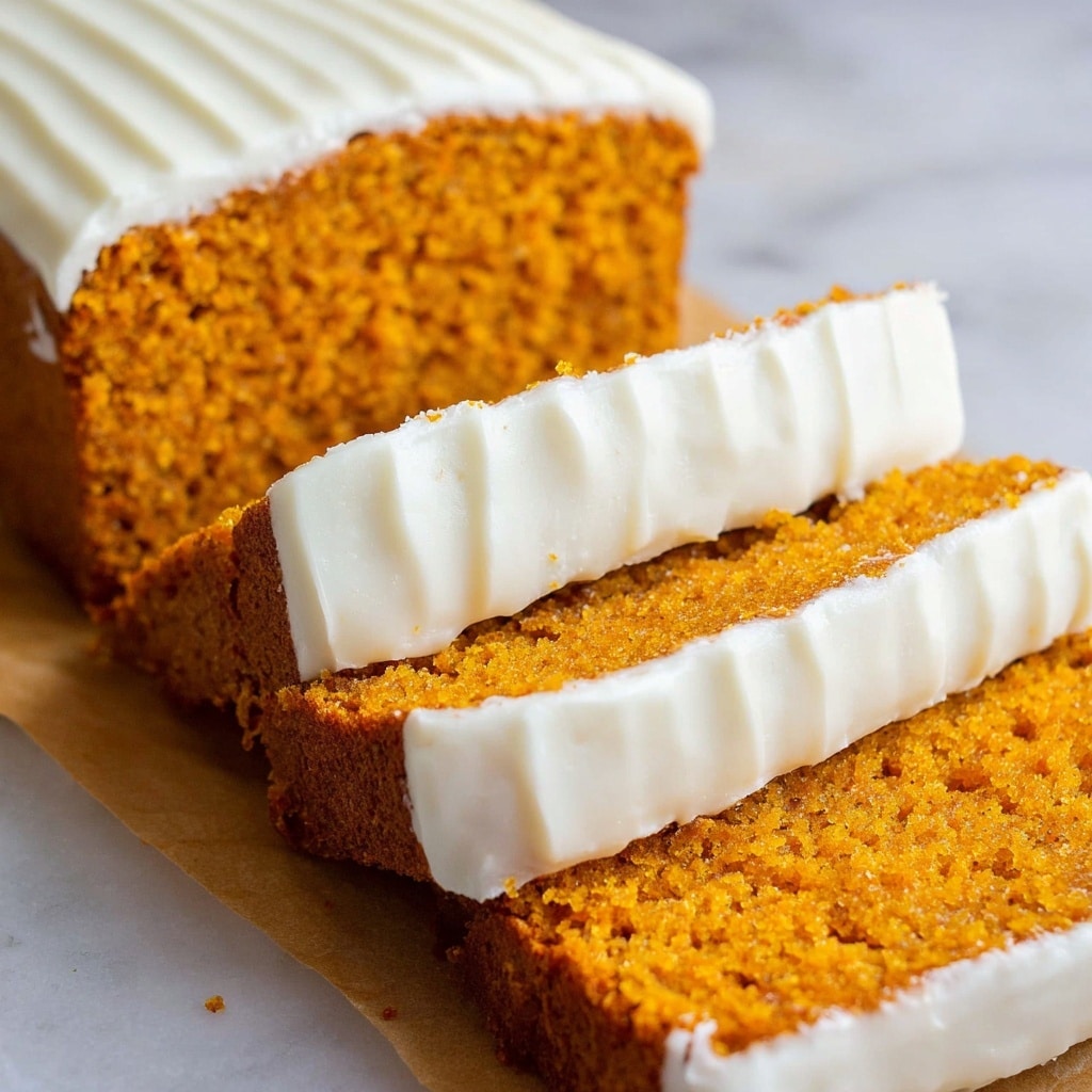 The image shows a loaf of moist pumpkin bread with three slices cut and arranged in front of the loaf. Each slice has a bright orange, slightly crumbly texture and a thick layer of smooth white frosting along the bottom edge. The whole loaf is also topped with the same white frosting, showing clean, slightly ridged lines on top. The background is a white marbled texture. photo taken with an iphone --ar 4:5 --v 7