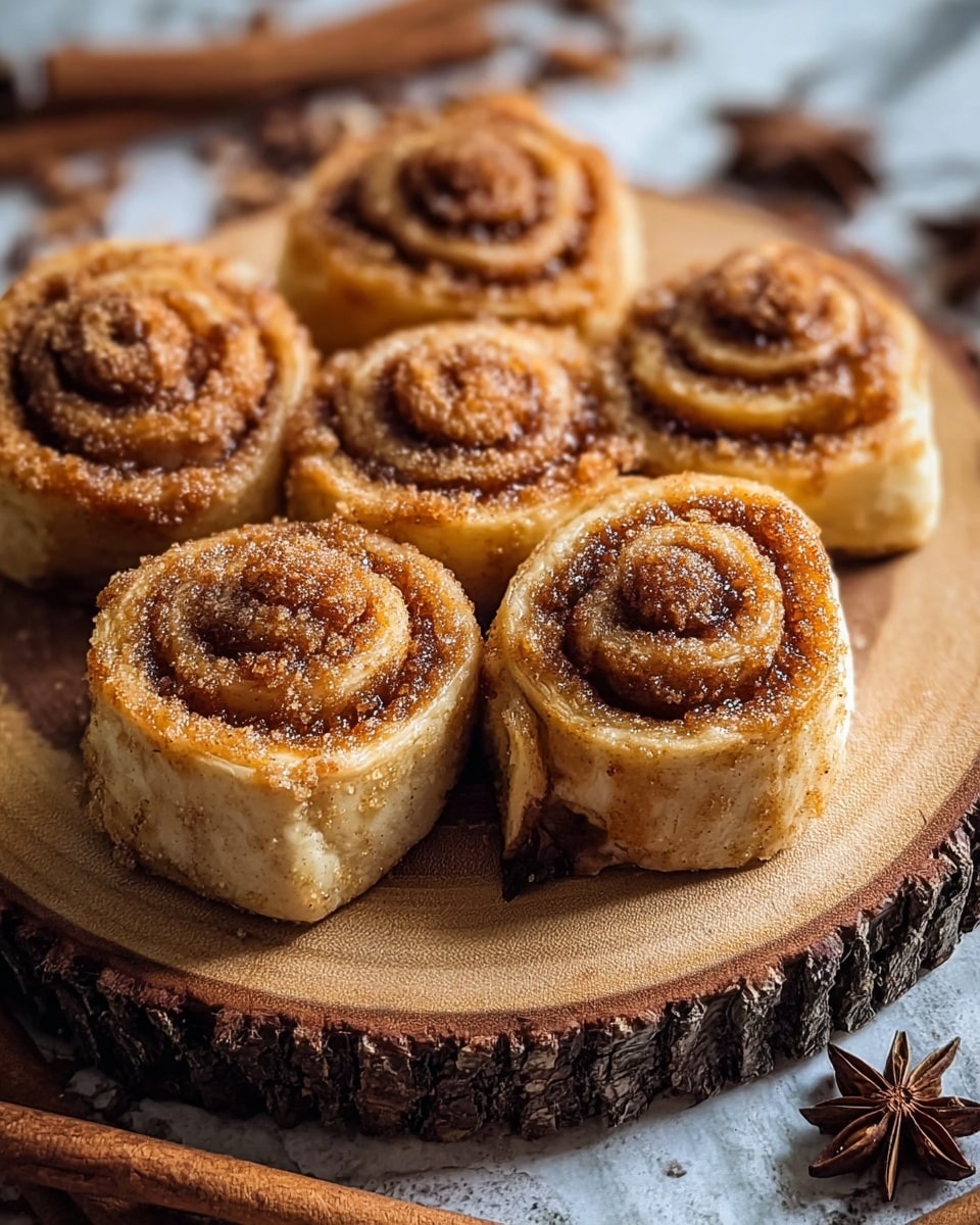 The image shows six cinnamon roll pieces arranged closely on a round wooden board with bark edges, placed on a white marbled textured surface. Each roll has 2 to 3 visible layers with a light beige dough spiraling inward with a thick layer of cinnamon-brown filling that looks sugary and slightly sticky. The tops of the rolls glisten with a sugary glaze and a dusting of fine cinnamon sugar, giving them a textured, sparkly surface. In the background, there are blurry cinnamon sticks and some scattered spices. photo taken with an iphone --ar 4:5 --v 7
