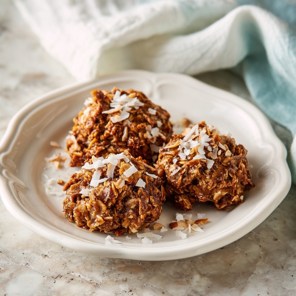 The image shows a white plate filled with clusters of brown oat cookies that have a rough, chunky texture mixed with visible pieces of nuts and oats, topped with a few scattered white coconut flakes. The cookies are irregular in shape, creating a natural, homemade look. The plate rests on a white marbled surface, and the background is softly blurred, highlighting the close-up of the oat clusters as the main focus. Photo taken with an iphone --ar 4:5 --v 7