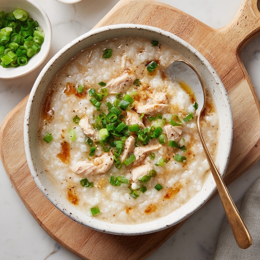 A bowl of rice porridge with pieces of cooked chicken and chopped green onions on top. The porridge looks thick and creamy with a light brown color. The chicken is pale and tender, mixed evenly throughout the porridge. Some green onion slices are scattered on the surface, adding green color and freshness. The bowl is white with brown speckles and has a grey spoon resting inside. The bowl is placed on a white marbled surface with a small wooden bowl of coarse salt and a cup with a blue floral pattern nearby. A blue cloth is partly visible to the side. Photo taken with an iphone --ar 4:5 --v 7