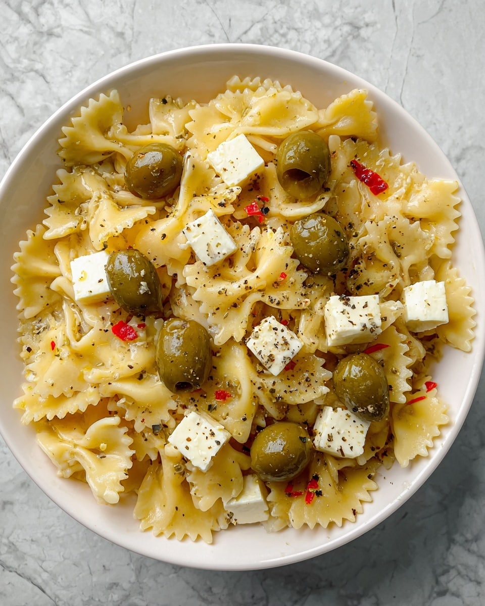 A close-up view of a white bowl filled with pasta made from small, flat, square-shaped pieces with ruffled edges, all pale yellow in color. Mixed evenly throughout the pasta are green olives stuffed with small pieces of red pepper, and small white cubes of soft cheese, both floating atop and slightly embedded in the pasta. The dish has a light coating of oil giving a slight shine, and is sprinkled with coarse ground black pepper for texture and contrast. The bowl sits on a white marbled textured surface. photo taken with an iphone --ar 4:5 --v 7