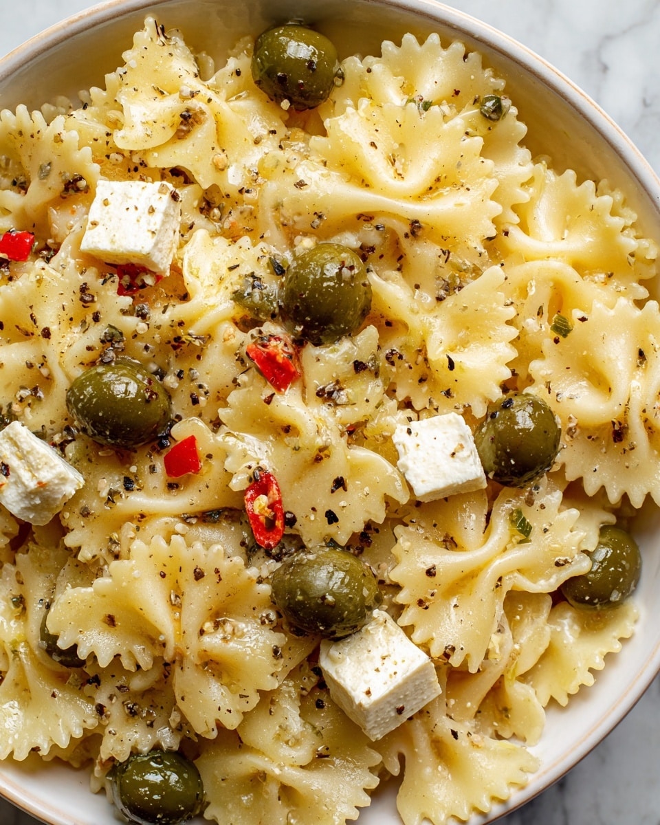 The image shows a white bowl filled with short, wavy-edged pasta pieces that are light yellow and soft in texture. Scattered throughout the pasta are whole green olives stuffed with red pimento, adding a smooth and shiny green and red detail. There are also small cubes of white cheese, likely feta, placed evenly on top, creating a contrast with the pasta and olives. The dish is sprinkled with coarse black pepper, adding small black specks across the surface. The bowl sits on a white marbled surface, highlighting the food’s colors and texture. Photo taken with an iphone --ar 4:5 --v 7