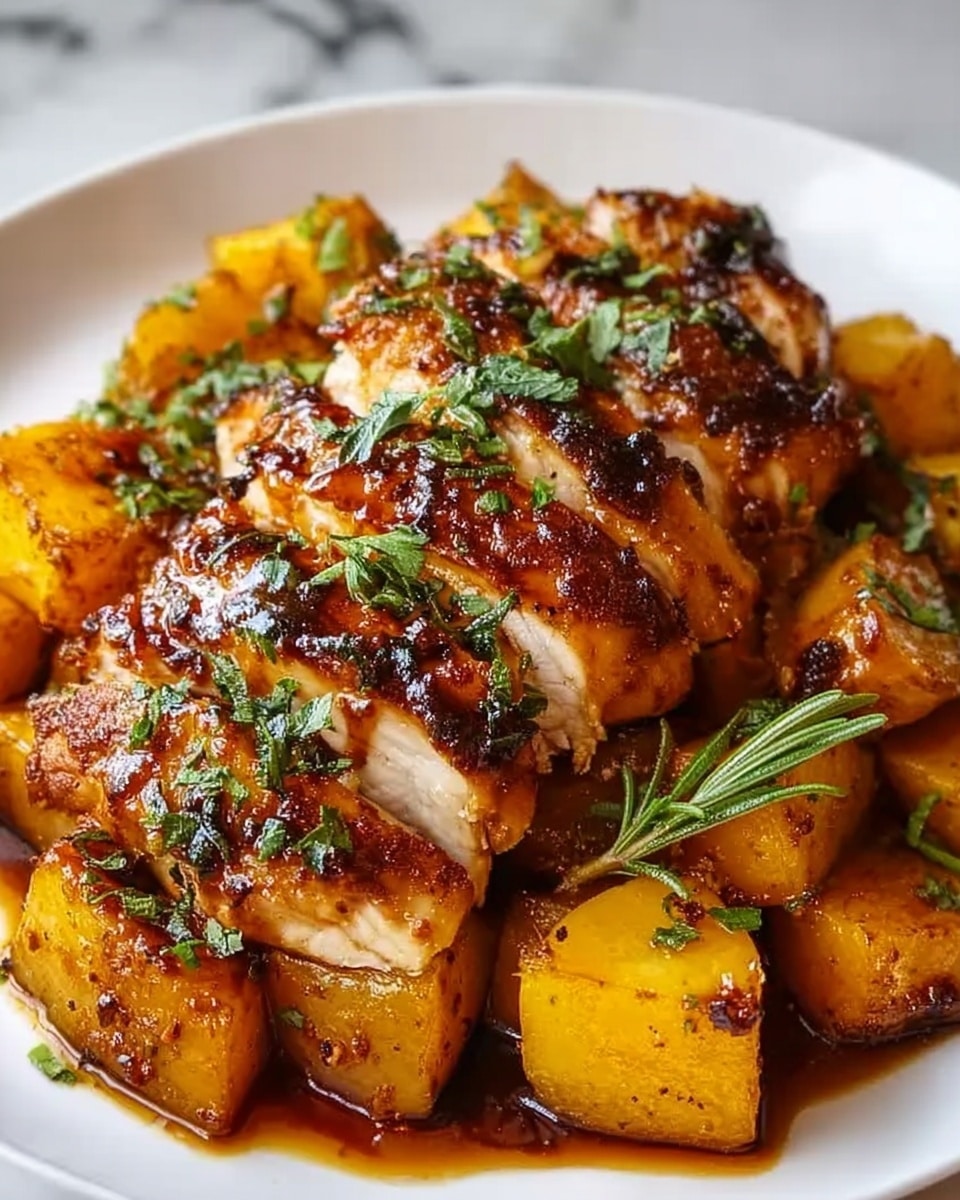 The image shows several pieces of grilled chicken arranged closely on a white plate, with a glaze that makes the chicken shine. The chicken has clear dark grill marks and is topped with small green herb leaves. Around the chicken, there are chunks of roasted orange vegetables, possibly sweet potatoes or carrots, that look soft and slightly caramelized. The chicken's surface has a varied texture with crispy edges and moist inside. The background is a white marbled texture. photo taken with an iphone --ar 4:5 --v 7