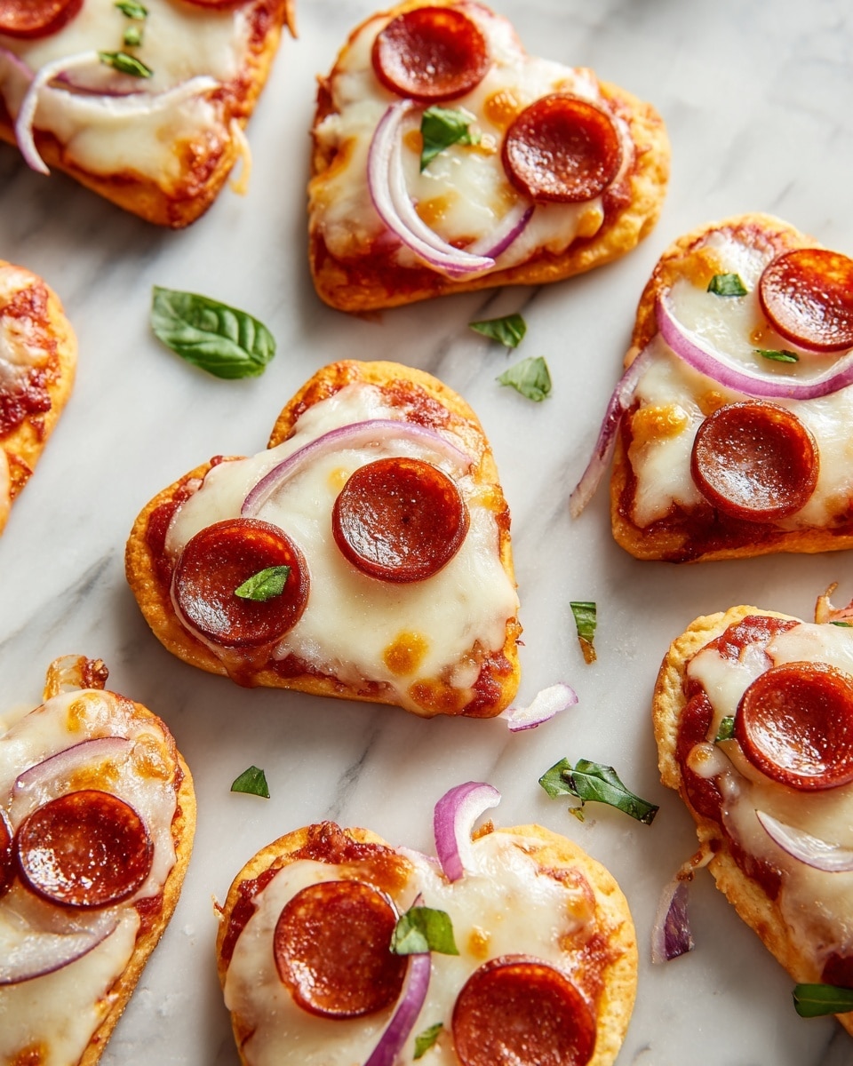 Small heart-shaped mini pizzas are arranged on a white marbled surface, each with three visible layers: a thin golden-brown crust base, a bright red tomato sauce layer, and a thick, melted white mozzarella cheese layer that is bubbly and lightly browned on top. Each pizza is topped with a single round slice of shiny dark red pepperoni and a few small pieces of purple onion. Fresh small green basil leaves are scattered around the pizzas on the surface. Photo taken with an iphone --ar 4:5 --v 7