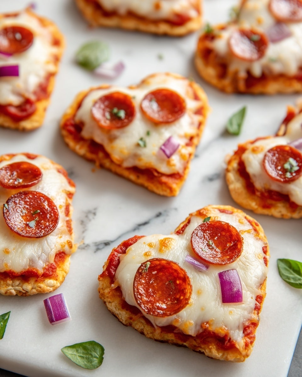 A group of small heart-shaped mini pizzas is spread on a white marbled surface. Each mini pizza has a base layer of golden brown crust, topped with a layer of bright red tomato sauce. Melted white cheese, slightly browned in spots, covers most of the sauce. On top of the cheese, there is one round reddish-brown pepperoni slice and a few thin slices of pale purple onion. Small green basil leaves are scattered around the pizzas on the surface. The lighting highlights the shiny and slightly oily texture of the pepperoni and cheese. photo taken with an iphone --ar 4:5 --v 7