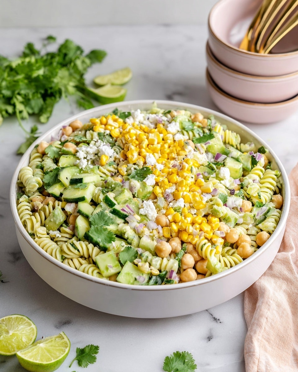 A large white bowl filled with a colorful pasta salad, showing at least four layers. The bottom layer is light green rotini pasta mixed with chopped white onion and chickpeas. Above that, fresh green cucumber slices and bright yellow corn kernels are scattered evenly. Small white crumbles of cheese and fresh green cilantro leaves top the salad, adding texture and freshness. The bowl sits on a white marbled surface with lime wedges and cilantro sprigs nearby, and two stacked light pink bowls with gold utensils in the background. photo taken with an iphone --ar 4:5 --v 7