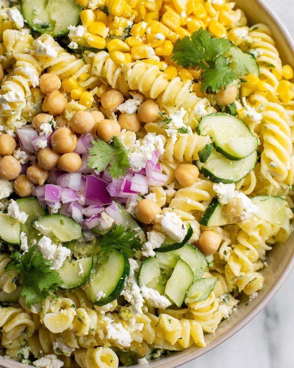 The image shows a close-up of a fresh pasta salad with multiple layers and colors. The base layer is spiral pasta in light yellow color, mixed with creamy white cheese crumbs scattered evenly across. On top, there are bright yellow corn kernels and light tan chickpeas adding round shapes and texture. Dark green cilantro leaves are placed throughout, giving a fresh look. Sliced cucumber pieces with dark green skin and light green inside are spread on top, along with small bits of purple onion adding contrast. The salad sits on a white marbled surface. photo taken with an iphone --ar 4:5 --v 7