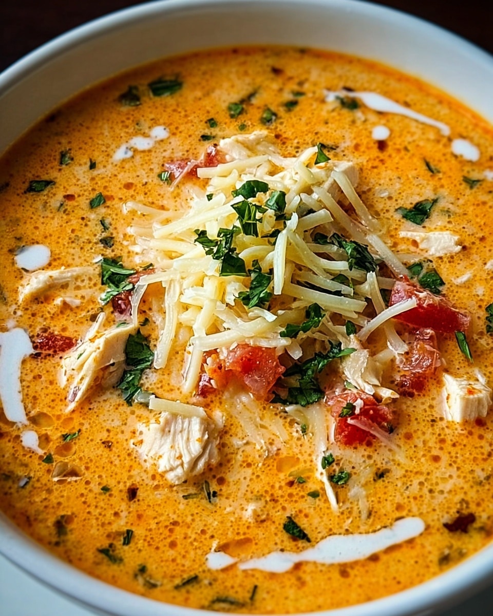The dish is a creamy soup served in a white bowl, with a rich orange base filling most of the bowl. On top, chunks of white chicken meat are spread evenly and mixed with small red tomato pieces. Bright green chopped herbs are sprinkled lightly over the dish, adding contrast. Shredded white cheese covers the center, slightly melting into the soup. A thick slice of rustic bread with a golden crust and airy, soft inside is placed at the edge of the bowl, partially dipped in the soup. The entire scene is set on a white marbled surface. photo taken with an iphone --ar 4:5 --v 7