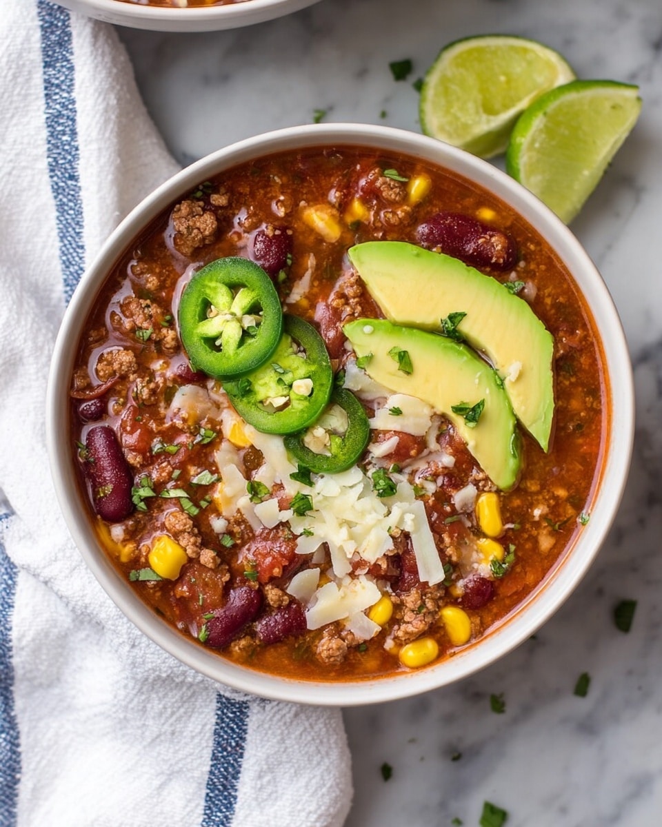 A bowl of chili with a rich, reddish-brown broth filled with layers of ground meat, black beans, corn kernels, and kidney beans, topped with shredded white cheese spread evenly across the surface. On one side, two thin slices of green avocado rest against the bowl's edge, near a fresh green lime wedge placed on the opposite side. Thin slices of green chili peppers lie on top near the avocado. The bowl is white, sitting on a white marbled surface, with a second white bowl of chili partially visible in the background along with half an avocado and part of a silver slow cooker. A white and blue checkered cloth is folded near the front. photo taken with an iphone --ar 4:5 --v 7