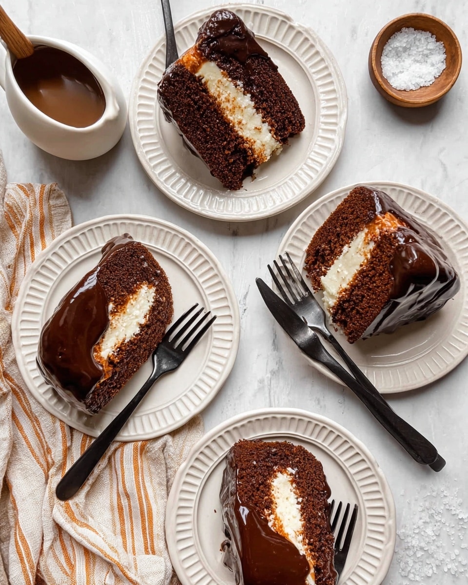 The image shows three slices of moist, dark brown cake with a creamy white filling inside each slice, placed on three white decorative plates. Each slice is covered with a thick layer of glossy chocolate sauce that flows down the sides. One slice has a black fork resting on its plate. To the left, there is a small white pitcher filled with more chocolate sauce and a small wooden bowl containing coarse salt. Two black forks are crossed near the plates, and a beige striped cloth is folded nearby, all on a white marbled surface. photo taken with an iphone --ar 4:5 --v 7