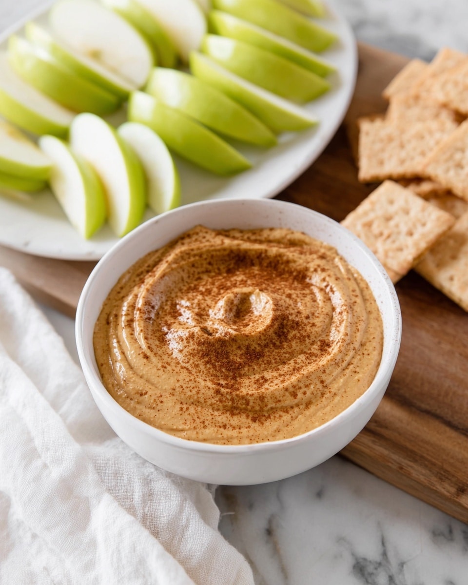 A white bowl filled with a smooth, thick brown peanut butter dip that has tiny specks of darker brown throughout. A green apple slice is dipped halfway into the peanut butter, coated with a shiny, creamy layer. In the background, there is another white bowl with brown chips slightly out of focus, and more green apple slices are blurred on a white marbled surface. A woman's hand holds the apple slice gently above the bowl. Photo taken with an iphone --ar 4:5 --v 7