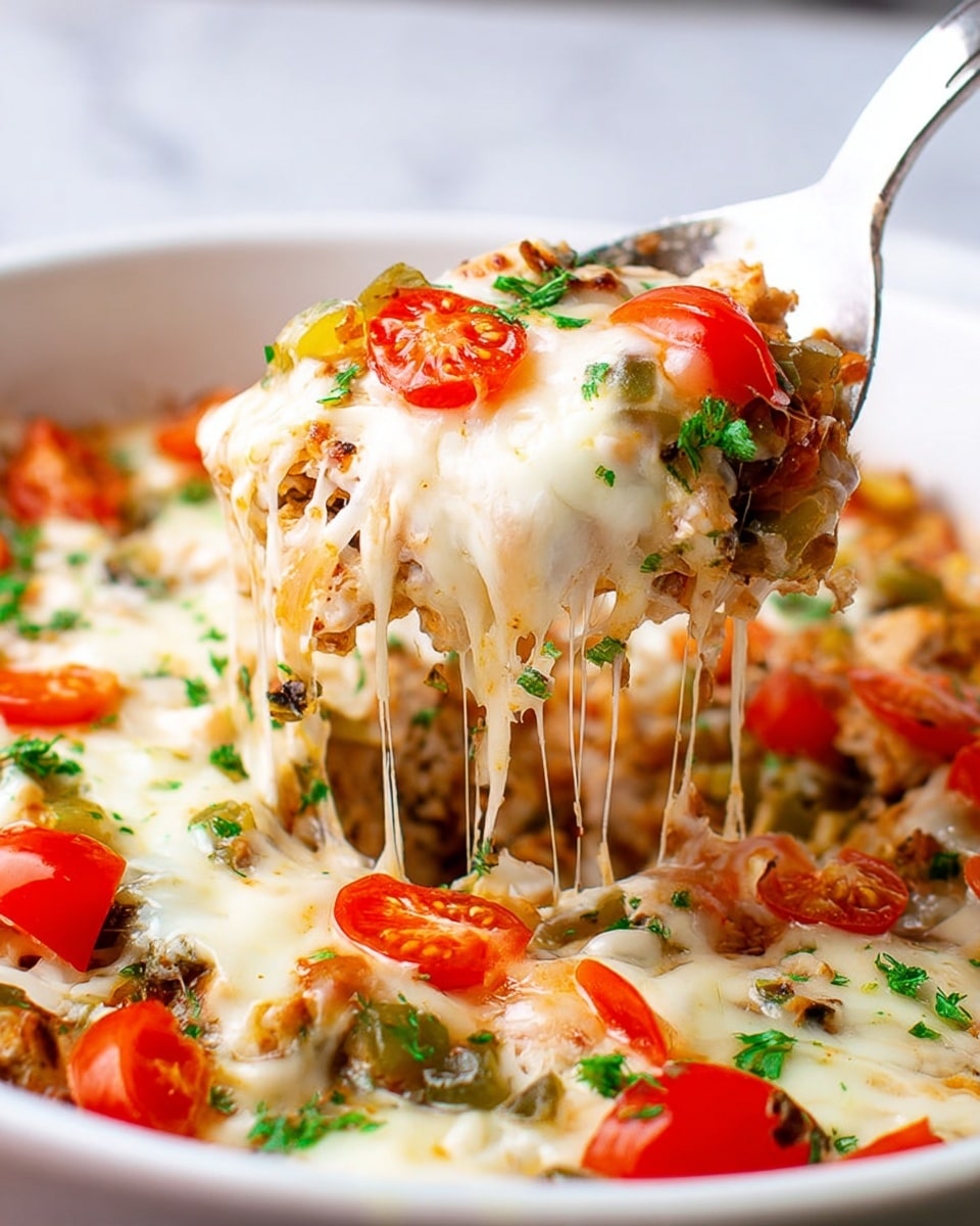 A close-up view of a cheesy baked dish in a white bowl, showing a spoon lifting a portion. The dish has multiple layers including a base of browned chicken pieces, topped with melted creamy white cheese stretched in strings, scattered small bright green herbs, and juicy red tomato slices. The background shows the rest of the dish with a mix of melted cheese, green peppers, and fresh herbs on a white marbled surface. photo taken with an iphone --ar 4:5 --v 7