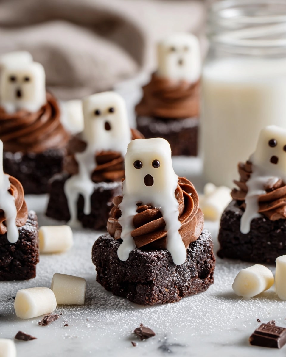 The image shows several dark brown chocolate cookies on a white marbled surface, each topped with a swirl of rich, dark chocolate frosting. On top of the frosting sits a small white ghost-shaped figure made of a smooth, creamy substance, with small dark chocolate dots for eyes and mouth, giving it a surprised look. White icing drips down from the ghost onto the frosting, adding a glossy texture. Around the cookies are small white and dark chocolate pieces scattered lightly on the surface, dusted with powdered sugar. In the background, a glass jar of milk is slightly blurred, complementing the cookies. Photo taken with an iphone --ar 4:5 --v 7