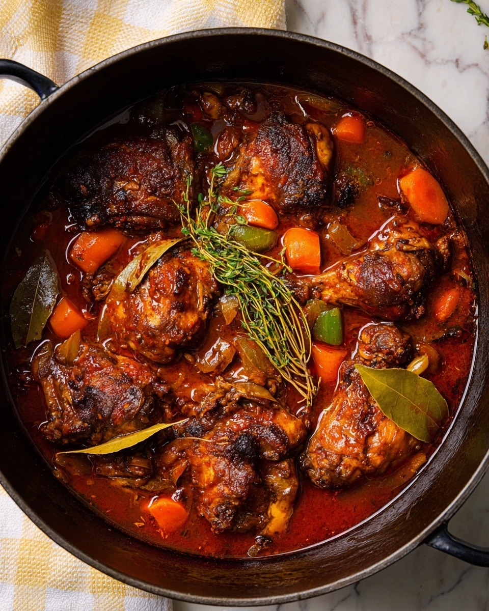 A white bowl on a white marbled surface holds a dish with two main parts: on the left, a mound of brown rice mixed with red beans, showing individual grains and beans with some green herbs sprinkled lightly; on the right, two dark brown chicken drumsticks and thighs covered in a rich, glossy sauce with visible chunks of cooked onions and spices. A golden fork is held by a woman's hand, touching one drumstick. The sauce has a deep reddish-brown color and looks thick with visible pieces of herbs. Photo taken with an iphone --ar 4:5 --v 7