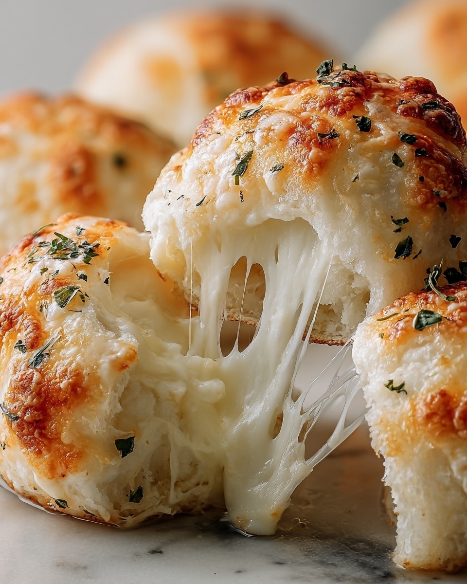 The image shows close-up, golden brown pizza rolls with two visible layers: a soft, light beige dough outer layer with a slightly crisp and browned top, sprinkled with small pieces of dried green herbs, and a thick, creamy white melted cheese filling oozing out in gooey strands from a pulled-apart roll, creating a rich and stretchy texture. The background is a cluster of more pizza rolls, all on a white marbled surface. photo taken with an iphone --ar 4:5 --v 7