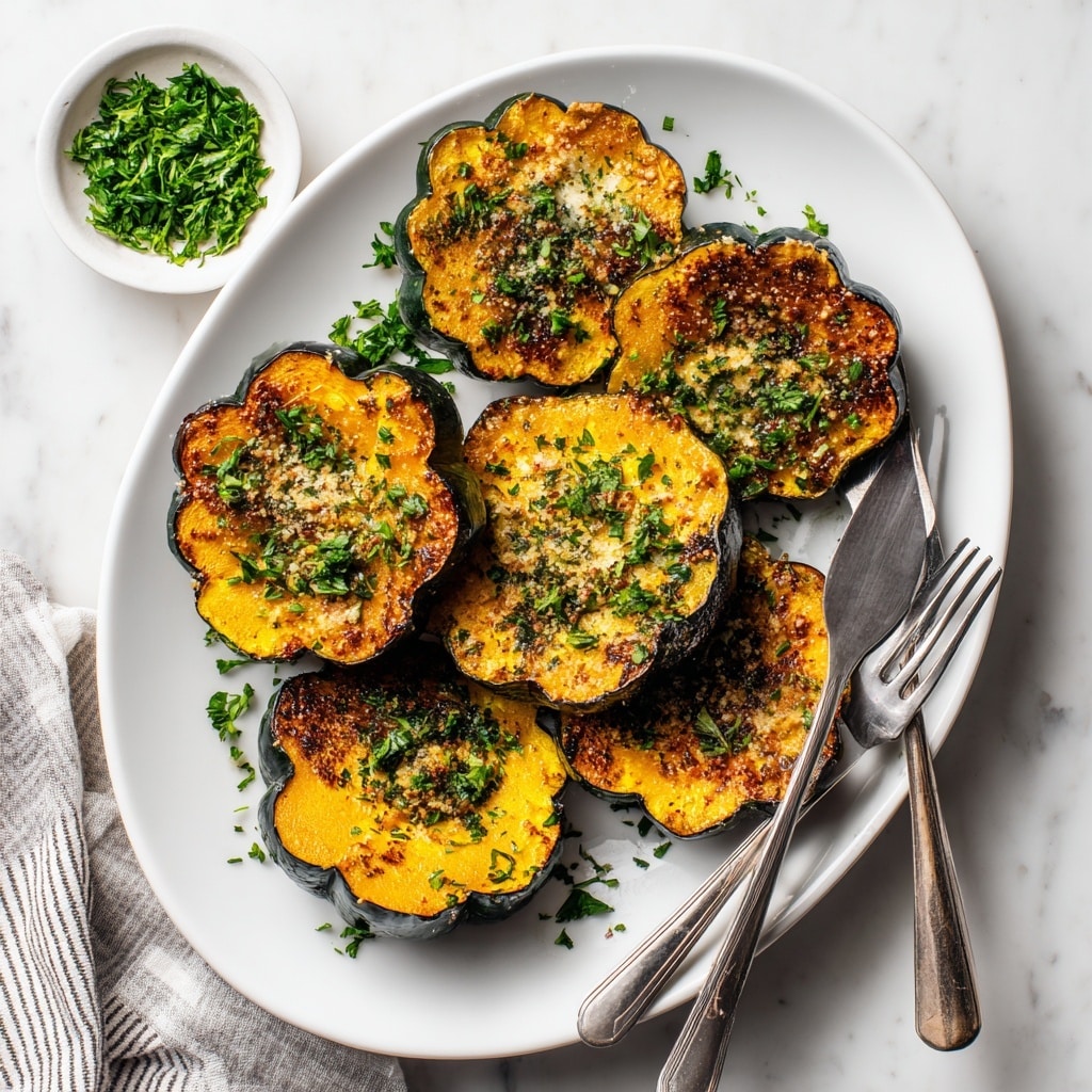 A white plate holds around ten slices of roasted acorn squash, each piece showing a curved shape with browned, slightly crispy edges and a golden-yellow inside. The squash slices are topped with a light coating of melted cheese and sprinkled with finely chopped green herbs and small specks of black pepper. Two forks rest on the top side of the plate, and a small white bowl with more green herbs sits nearby. The dish is set on a white marbled surface with a striped cloth partially visible at the corner. Photo taken with an iphone --ar 4:5 --v 7