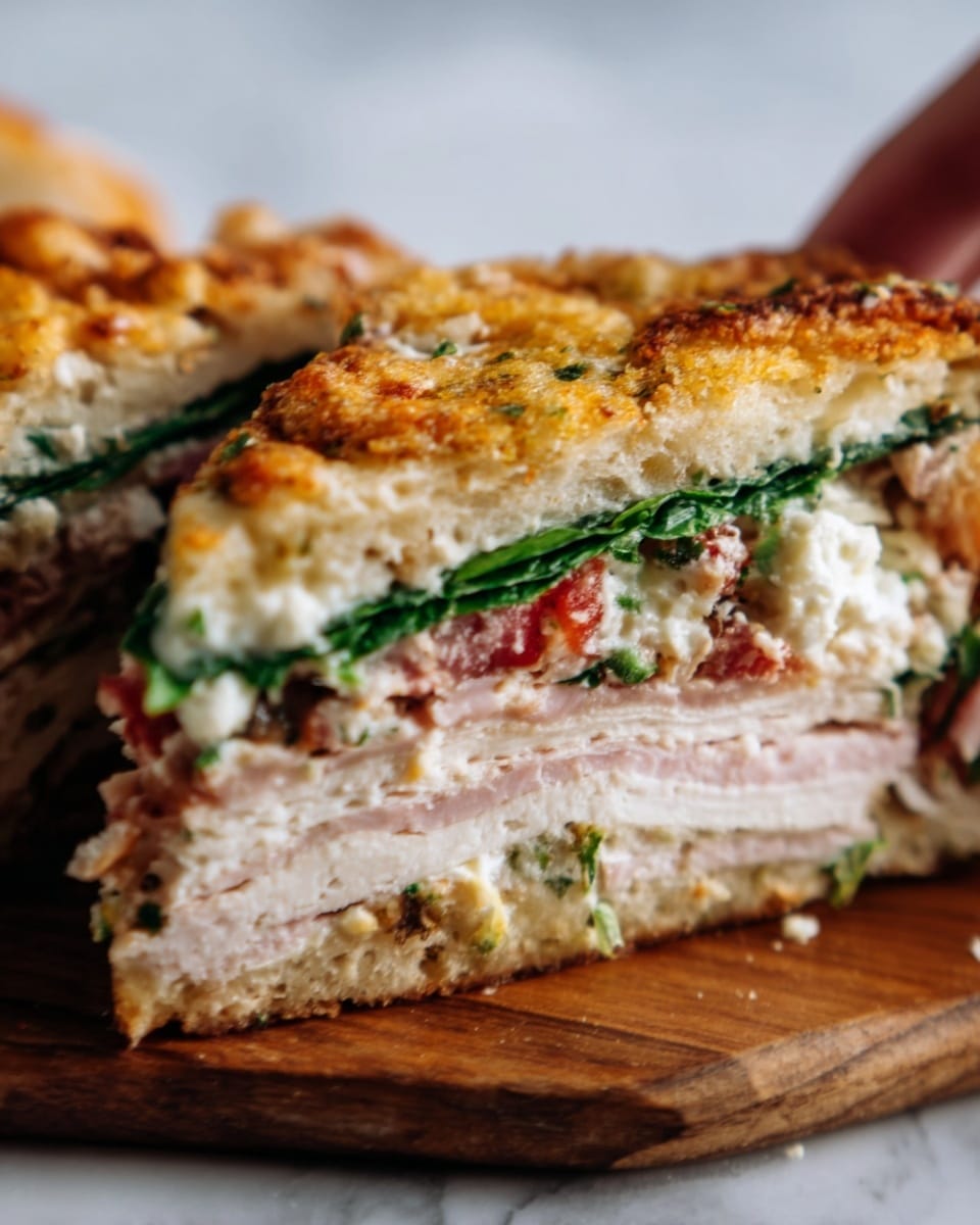 The image shows a close-up of a thick sandwich cut in half, revealing multiple layers inside. From bottom to top, there is a layer of leafy green spinach, followed by slices of pink turkey meat, a layer of creamy white cheese, some chopped red tomatoes mixed with herbs, and topped with a golden brown crispy bread crust with a slightly flaky texture. The sandwich sits on a wooden board with a white marbled background. A woman's hand is holding the sandwich from the side. photo taken with an iphone --ar 4:5 --v 7