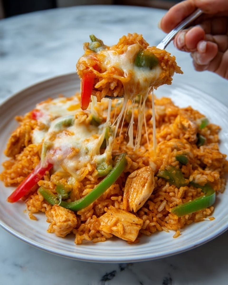 The dish shows a white plate filled with three main layers: the bottom layer is yellow rice mixed with small bits of vegetables, the middle layer has cooked chicken strips mixed with green and red bell pepper slices, and the top layer is melted light yellow cheese covering some parts of the chicken and peppers. The colors are warm with yellows, reds, and greens standing out, and the textures range from soft rice to tender chicken and gooey cheese. The plate is placed on a white marbled surface. Photo taken with an iphone --ar 4:5 --v 7