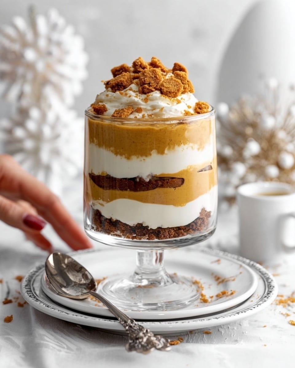 A clear glass cup shows a layered dessert with six distinct layers: starting at the bottom is a dark brown crumbly cookie layer, followed by a thick white whipped cream layer, next a smooth light brown caramel layer, then another dark brown crumbly cookie layer, topped again with white whipped cream, and finished with a crunchy brown pecan nut topping. The glass sits on a white marbled surface next to some spoons on a white plate, and a woman’s hand is reaching toward the dessert. The background is bright with soft lighting, emphasizing the textures and colors of each layer. Photo taken with an iphone --ar 4:5 --v 7