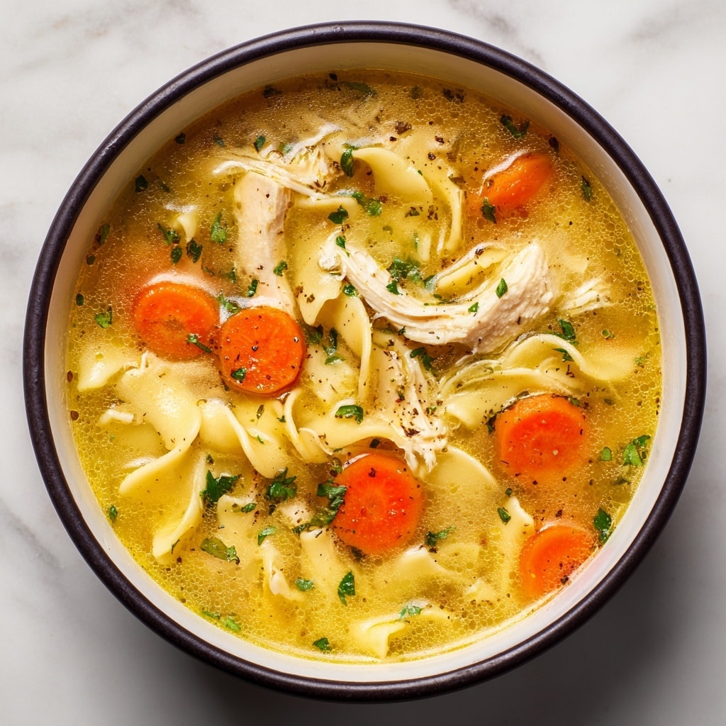 A close-up view of a bowl filled with chicken noodle soup, showing three main layers: at the bottom is a clear golden broth with some oil droplets, in the middle there are thick yellowish egg noodles, tender white shredded chicken pieces, and bright orange carrot slices, all topped with chopped green herbs scattered evenly over the surface. A silver spoon rests inside the bowl slightly on the right edge, and the bowl is white with a thin brown rim around it, placed on a white marbled textured surface. photo taken with an iphone --ar 4:5 --v 7