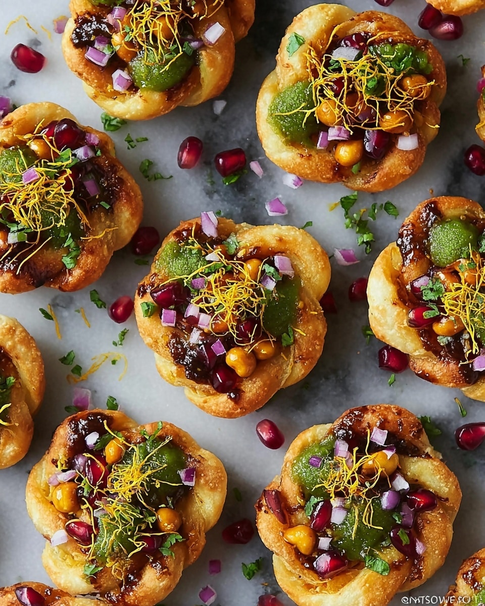 The image shows several round, bite-sized savory snacks placed on a white marbled surface. Each snack has a crispy golden-brown base with visible layers, topped with a bright green sauce spread unevenly. There are small pieces of purple onion scattered on top, along with some bright orange crunchy bits and tiny red pomegranate seeds adding pops of color. A light sprinkling of thin, yellowish shredded garnish is spread over everything, giving texture and detail to the snack. The arrangement is casual, some snacks are closer together, and the white marbled background contrasts nicely with the colorful toppings. photo taken with an iphone --ar 4:5 --v 7