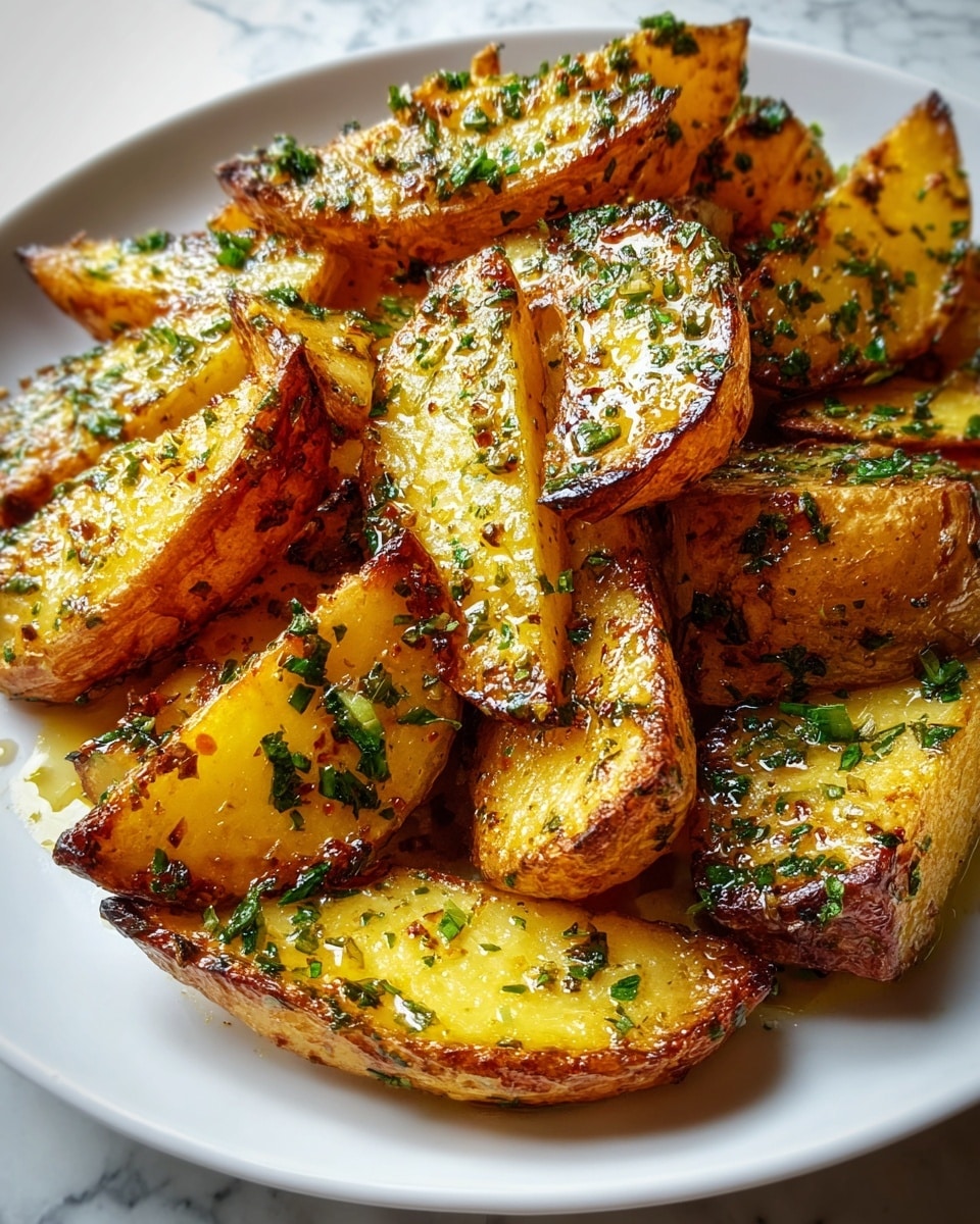 The image shows a close-up of golden-brown roasted potato wedges arranged closely together. Each potato wedge has a crispy texture with a slightly charred surface, sprinkled with finely chopped fresh green herbs. The wedges have a warm yellow inside and are coated evenly with seasoning that gives a shiny, slightly oily appearance. The background is a white marbled texture, enhancing the color contrast of the potatoes, photo taken with an iphone --ar 4:5 --v 7