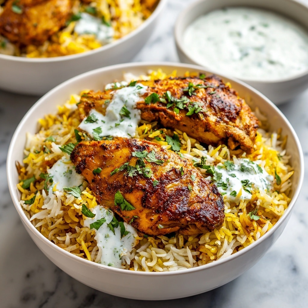 The image shows a white bowl filled with biryani, layered with yellow and white long-grain rice mixed with spices. On top, there are two pieces of browned chicken with a slightly charred texture, sprinkled with chopped green herbs. Some white yogurt sauce with chopped herbs is visible among the rice, adding a creamy texture. The background features a blurred bowl of more yogurt sauce on a white marbled surface. photo taken with an iphone --ar 4:5 --v 7