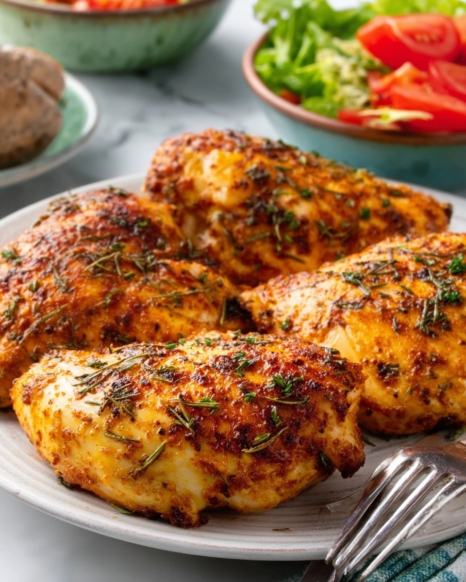 A white plate on a white marbled surface holds six pieces of golden-brown roasted chicken thighs with crispy skin, each piece lightly seasoned with herbs and spices. The chicken’s texture shows a crispy outside with juicy, tender inside, with some bits of seasoning visible. On the side, there is a sprig of fresh green herbs for decoration. The lighting is natural and soft, highlighting the rich colors and textures of the roasted chicken. photo taken with an iphone --ar 4:5 --v 7