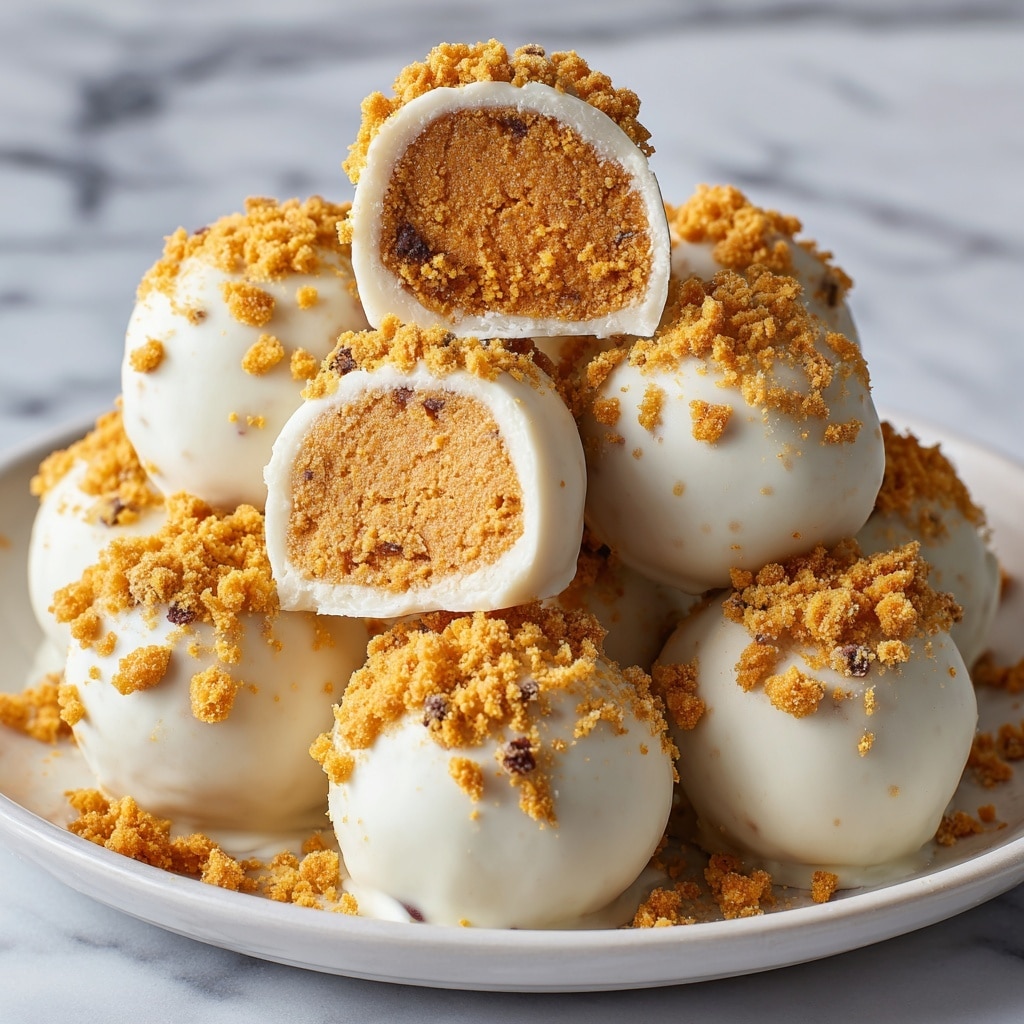 A white plate holds several round balls coated in smooth white chocolate. The balls form a pyramid shape, with some stacked on top of others. The outer white layer is topped with crunchy crumbles in shades of light brown and yellow, adding texture. Two of the balls are cut in half, revealing a dense, smooth, orange-brown inside filling. The plate sits on a white marbled surface. The image is bright and close-up, showing clear details of the textures. photo taken with an iphone --ar 4:5 --v 7