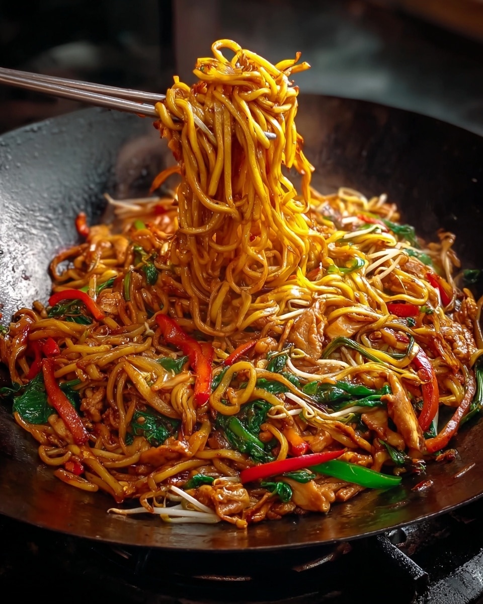 A large black wok filled with stir-fried noodles sits on a stove with visible flames beneath. The dish has three main layers: at the base are golden-brown cooked noodles twisted and turning glossy from sauce; mixed through are bright red, thin carrot strips and red bell pepper strips adding a fresh crunch; scattered around and on top are green onion stalks and light bean sprouts for color contrast. Shredded pieces of cooked chicken are mixed inside, coated with a shiny, dark brown soy-based sauce giving a rich texture. A pair of metal tongs lifts a twisted bunch of noodles from the middle, showing steam and sauce dripping. photo taken with an iphone --ar 4:5 --v 7