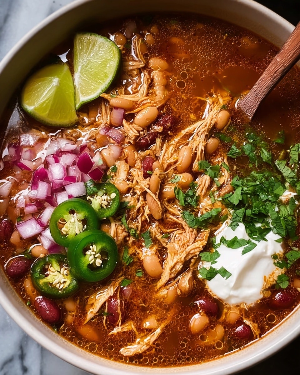The image shows a close-up of a bowl of chicken and bean soup with a rich brown broth that fills the bottom layer. On top, there are shredded pieces of light brown chicken and several red and beige beans scattered throughout. The left side has diced red onions, sliced green jalapeños, chopped green onions, and fresh parsley adding a mix of green and purple colors. There are two slices of lime placed on the top left, and a dollop of white sour cream near the center-left. A wooden spoon is partially dipped into the soup on the right edge of the white bowl, which sits on a white marbled surface. photo taken with an iphone --ar 4:5 --v 7