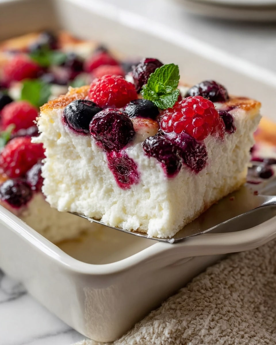 The image shows a close-up of a baked fruit dessert in a white rectangular dish. The dessert has a thick, creamy, light golden base layer mixed with small, colorful berries like blueberries, raspberries, and blackberries scattered inside. On the top, there is a layer of whole, bright red raspberries, deep blue blueberries, and dark blackberries, some garnished with small, fresh green mint leaves. The texture looks soft and fluffy inside with a slightly browned, firm surface. A silver serving spatula lifts one square piece from the dish, revealing the thick interior full of fruit pieces. The background is a white marbled surface. photo taken with an iphone --ar 4:5 --v 7
