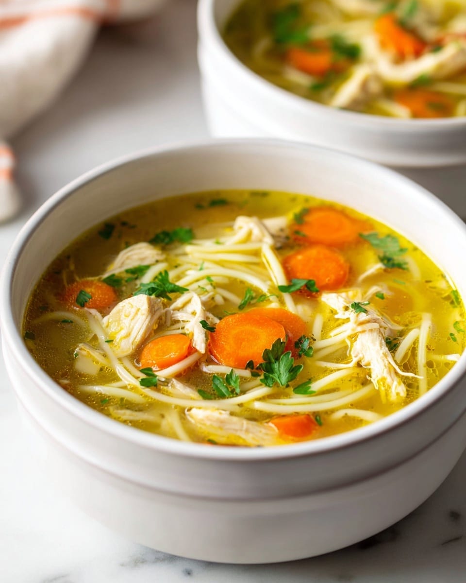 A large white pot filled with clear golden broth holds a hearty chicken noodle soup. Floating in the broth are thin yellow noodles spread throughout the pot, mixed with bright orange carrot slices and shredded white chicken pieces. Small green parsley leaves and diced celery pieces add fresh green spots across the surface. The soup looks warm, with a mix of soft textures from the noodles, chicken, and vegetables, all sitting in the light broth. The pot rests on a white marbled texture and a part of a red and white cloth is seen in the background. photo taken with an iphone --ar 4:5 --v 7