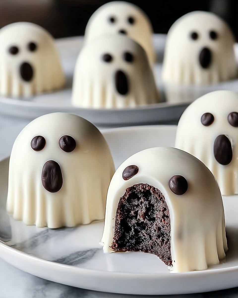 A white plate holds five small ghost-shaped treats, each covered in smooth white icing. The ghosts have two glossy dark chocolate candy eyes placed near the top. One ghost at the front is bitten, showing a dark, crumbly chocolate cake inside. The icing drapes softly with rounded edges at the bottom, creating a slightly flowing look. In the background, softly blurred, the other four ghosts stand closely together on a white marbled surface. The overall look is playful and spooky with clean, simple shapes. photo taken with an iphone --ar 4:5 --v 7