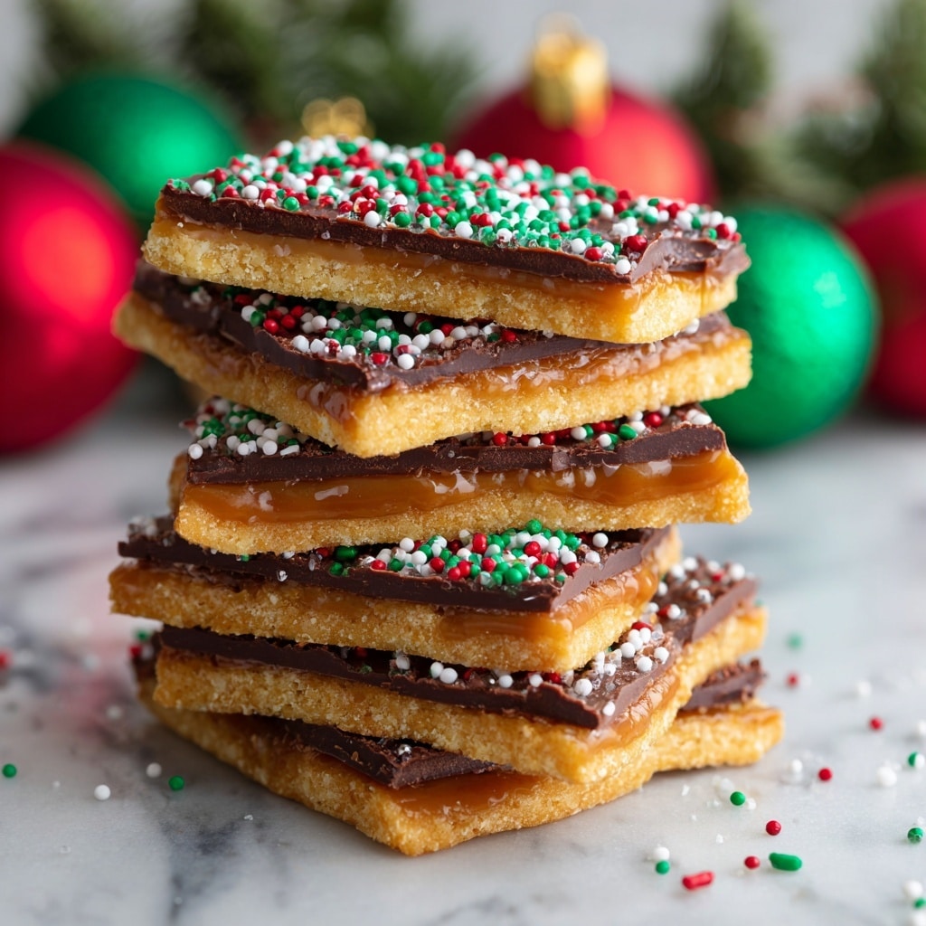 A tall stack of crispy rectangular bark pieces is shown, each piece having three clear layers: the bottom layer is light golden and crunchy, the middle layer is a thin spread of caramel with a rich amber tone, and the top layer is dark, smooth chocolate covered with colorful red, green, and white round and rod-shaped sprinkles. The pieces are unevenly stacked in a slightly leaning tower on a white marbled surface, with blurred red and green Christmas ornaments in the background that add a festive touch. photo taken with an iphone --ar 4:5 --v 7