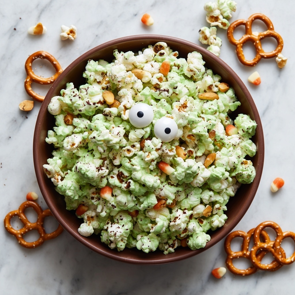 A brown bowl filled with popcorn covered in a thick light green sauce mixed with small black specks, creating a creamy texture. Scattered among the popcorn are small orange nuts and twisted pretzels with white salt spots. Two large white candy eyes with shiny black centers sit on top near the middle, giving a playful look. The bowl rests on a white marbled surface with a few popcorn pieces and pretzels around it. photo taken with an iphone --ar 4:5 --v 7