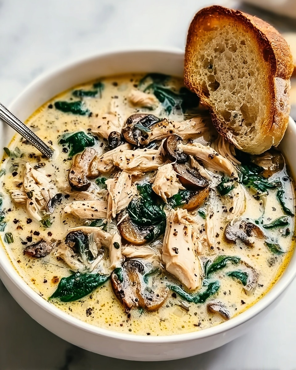 A white bowl filled with creamy soup that has a light beige color with a slightly oily surface; inside the soup, there are several light brown sliced mushrooms, bright green spinach leaves, and chunks of white shredded chicken scattered evenly. A slice of toasted bread with a golden-brown crust rests on the edge of the bowl. The bowl is placed on a white marbled surface. photo taken with an iphone --ar 4:5 --v 7