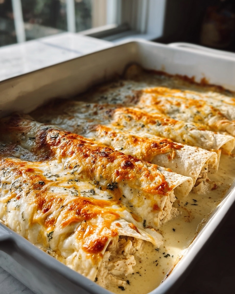 A white rectangular dish filled with a row of six rolled tortillas, each tightly packed with shredded, cooked chicken that has a light orange seasoning. The tortillas have a slightly toasted and browned texture on the outside. On top, there is a melted cheese layer made of yellow and white cheese mixed together, bubbly and melted with some browned spots. Dollops of white sour cream are spread unevenly across the cheesy surface. The dish is placed on a white marbled textured surface with soft natural light coming from a window in the background. photo taken with an iphone --ar 4:5 --v 7