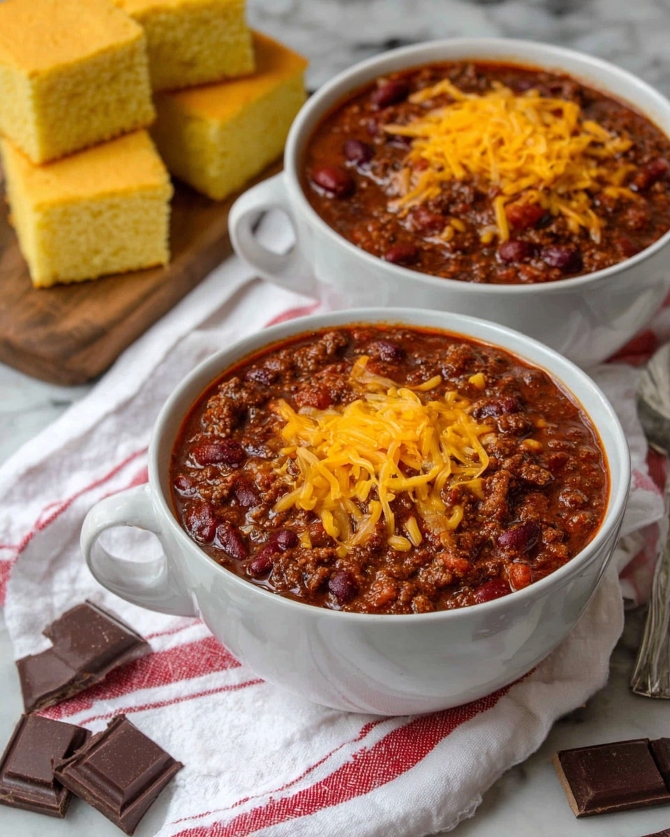 Two white bowls filled with chili sit side by side on a white cloth with red stripes, placed on a white marbled texture surface. The chili has a thick, rich dark brown-red sauce mixed with visible kidney beans and ground meat bits. Each bowl is topped with a layer of shredded yellow cheddar cheese, melting slightly into the hot chili. In the background, there are three pieces of golden cornbread stacked on each other and two squares of dark chocolate resting on the surface. A glass of amber-colored drink is partially visible on the left. photo taken with an iphone --ar 4:5 --v 7