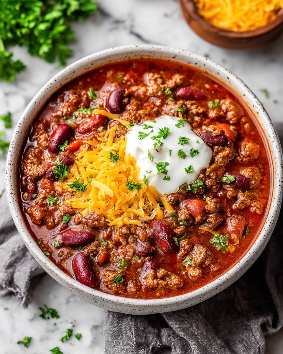 A close-up top view of a white speckled bowl filled with rich chili, showing a thick layer of cooked ground beef mixed with dark red kidney beans and chunks of red tomatoes in a reddish-brown sauce. On top, there is a neatly placed layer of bright yellow shredded cheddar cheese next to a dollop of smooth white sour cream. The chili is garnished with chopped green herbs and small rings of green onion, adding fresh green touches throughout. The bowl sits on a soft gray cloth with some green herbs scattered around on the white marbled surface. Near the bowl, part of a small white bowl containing shredded yellow cheese is visible. Photo taken with an iphone --ar 4:5 --v 7