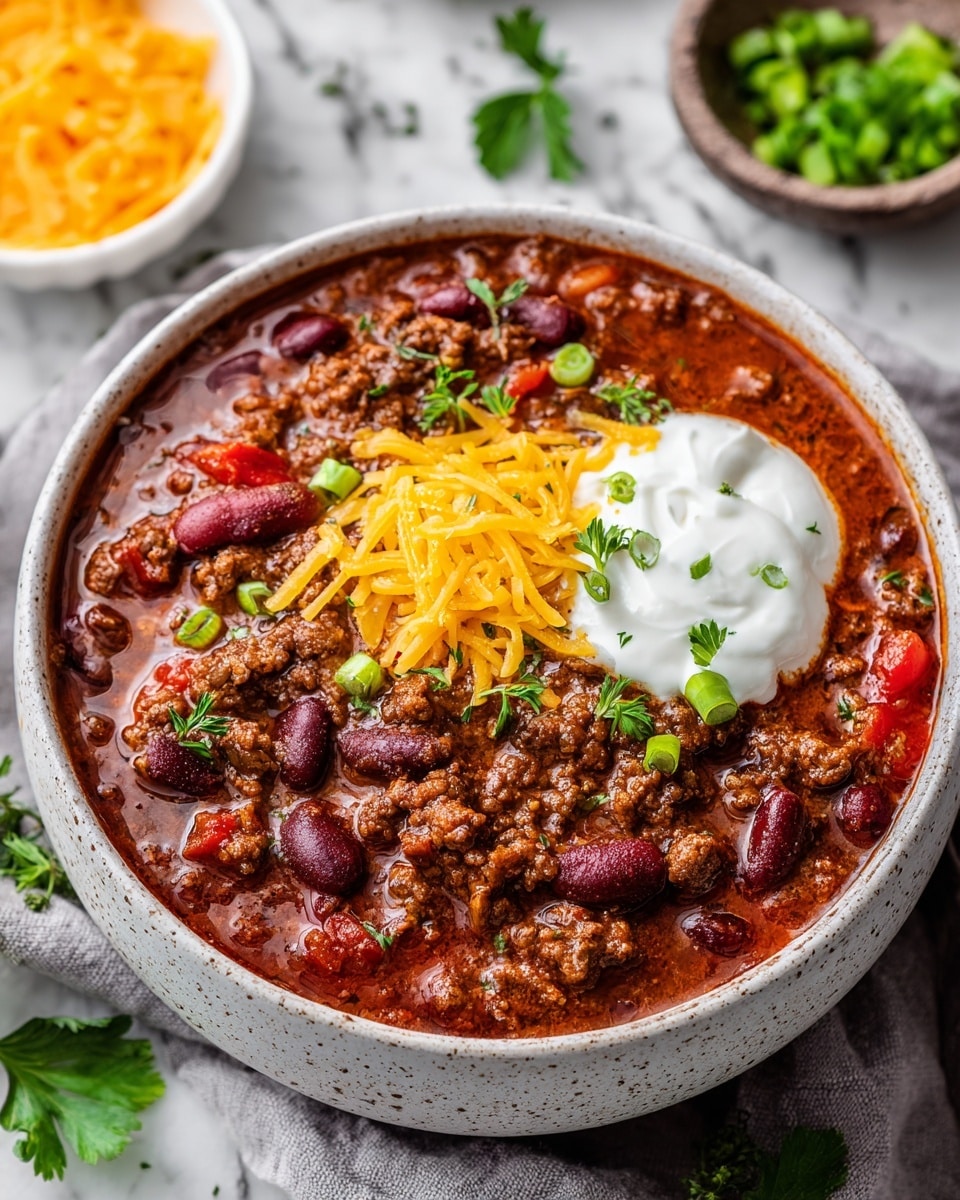 A close-up view of a bowl filled with rich chili showing a thick layer of cooked ground beef mixed with kidney beans and tomato chunks, all bathed in a bright reddish sauce, topped in the center with a small mound of shredded yellow cheddar cheese next to a scoop of white sour cream sprinkled with green chopped herbs, with more green herbs scattered lightly over the whole dish. The white bowl has a speckled texture and sits on a gray cloth, all placed on a white marbled surface, with a blurred wooden bowl of shredded cheese and a sprig of parsley nearby. photo taken with an iphone --ar 4:5 --v 7