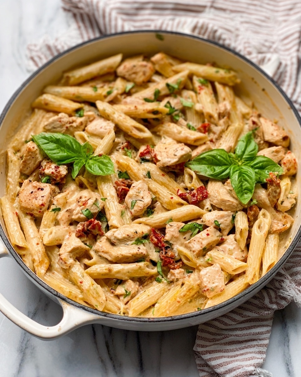 A white, round pan with gray handles is filled with cooked penne pasta mixed with small pieces of grilled chicken and fresh basil leaves visibly scattered on top. The pasta is creamy light yellow with a few red chili flakes mixed throughout. The chicken pieces are golden brown, adding texture and color contrast. A woman's hand is lightly holding the pan’s handle, ready to serve. The whole scene is set on a white marbled surface with a striped cloth visible in the background. photo taken with an iphone --ar 4:5 --v 7